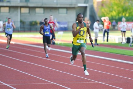 Mike Berry winning the 4x100 Meter Relay during the Oregon Twilight. 