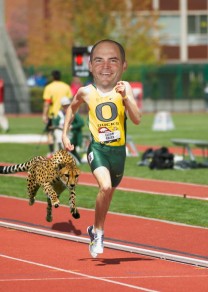 Head coach Mark Helfirch outrunning a cheetah at Hayward Field.