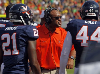 Coach Mike London on the sidelines against Oregon