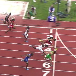 Allen (Lane 6) flies across the finish line in record time.