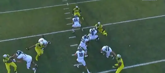 Armstead uses a bull-rush to collapse the pocket before the running back can assist on a block.