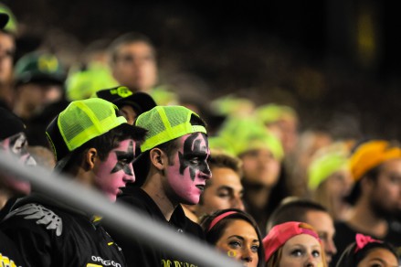 Oregon fans watching anxiously from the student section.