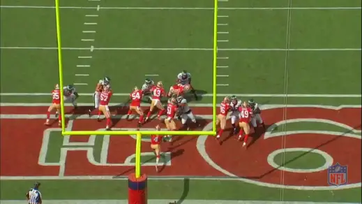 The 49ers long snapper fails to secure a block, allowing Braman and Burton to take on the right guard in a two-on-one battle. 