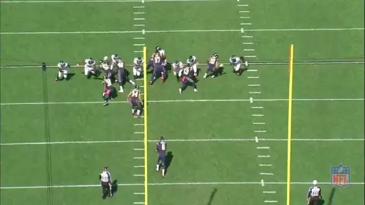 #97 helps the long snapper with Braman, while Casey comes free at the personal protector (#34). Maragos slants at #53, so he and Burton can double-team him. 