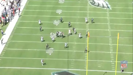 Punter Donnie Jones (#8) made a beautiful punt which fell to the 1, and Boykin holds his balance just long enough to catch the ball.