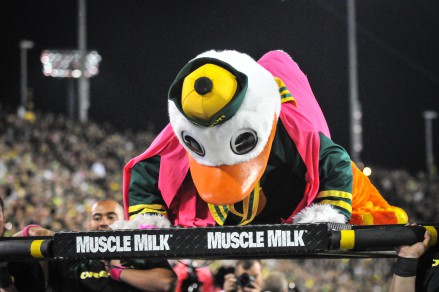 Puddles the Duck doing his trademark push ups following the score.