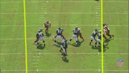 Kelce engages the defensive tackle at the start of the play, selling the downfield pass well. 