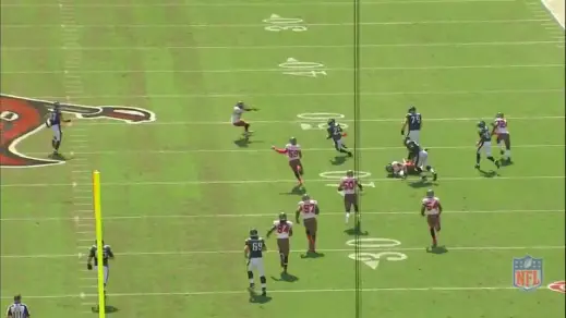 McCoy gets room to pick up a 44-yard gain because Kelce flattened his defender.