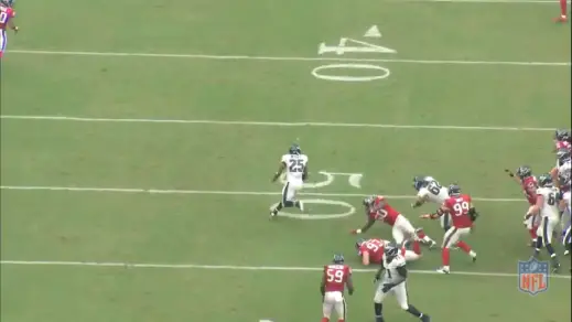 McCoy finds the cutback lane created by Tobin and Kelce to pick up 26 yards. Kelce shoves the linebacker to the ground to take him out of the play. 