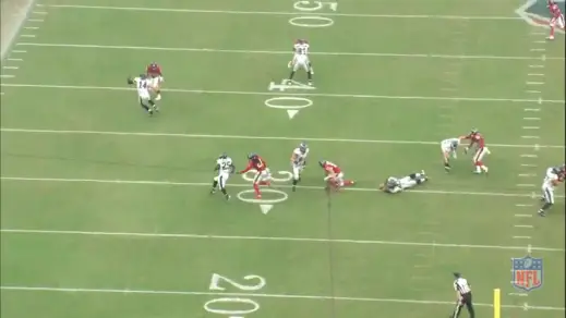 The linebacker is consequently tripped up, which allows McCoy to pick up a 14-yard gain.