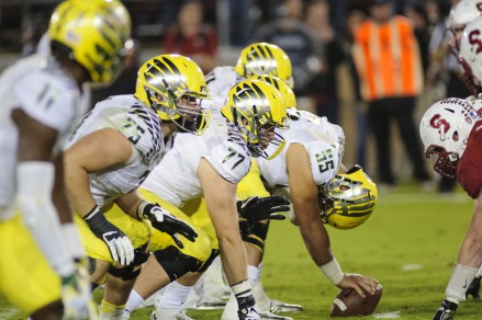 The Ducks offensive line pre-snap in the 2013 Cardinal vs. Ducks game. 