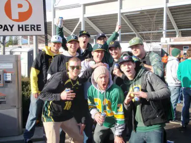My friends and I outside of Reser Stadium in 2010  donning our A's hats