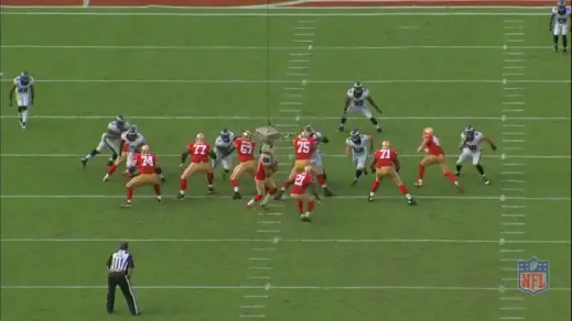 Cedric Thornton (#72) occupies the right guard, while the right tackle is assigned to block Connor Barwin (#98). 