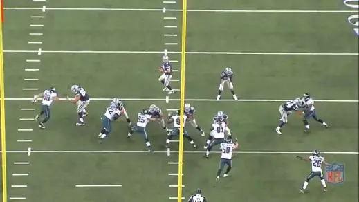 Cox briefly occupies left tackle Tyron Smith and allows Matthews to loop around on a delayed blitz. 