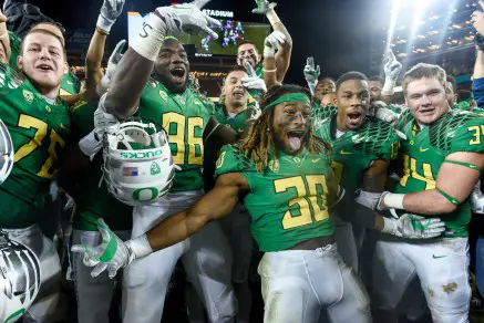 The Ducks celebrating after their PAC 12 Championship victory.