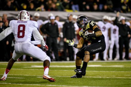 On this play, RB Thomas Tyner had an explosive spin around this Cardinal in the win over Stanford.