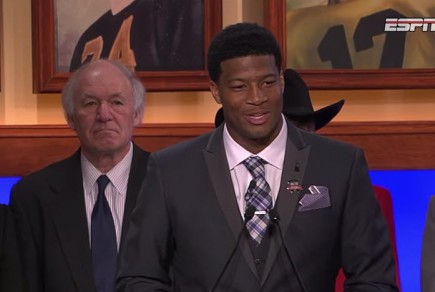 The gentleman on the left seems unimpressed with Winston's bragging during Heisman acceptance speech.