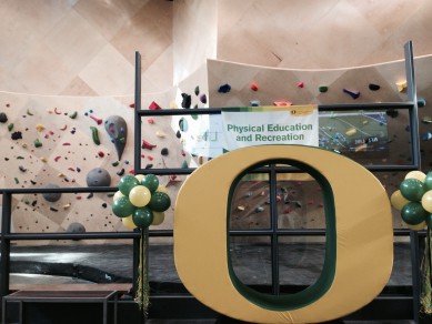 The new rock wall decked out in UofO decor