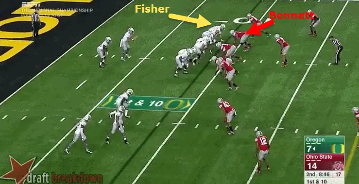 Bennett is in the play-side gap. Fisher is covered. 
