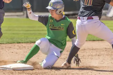 Janie Takeda steals second base for her 95th stolen base. Takeda nearly tied  the Oregon career record for stolen bases (96).