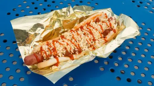 Introduced by the Akron Rubber Ducks (who else?) comes the Duck Dog! an 8-ounce Five Star hot dog topped with Texas Jack chili, shredded pepper jack cheese and Sriracha sauce