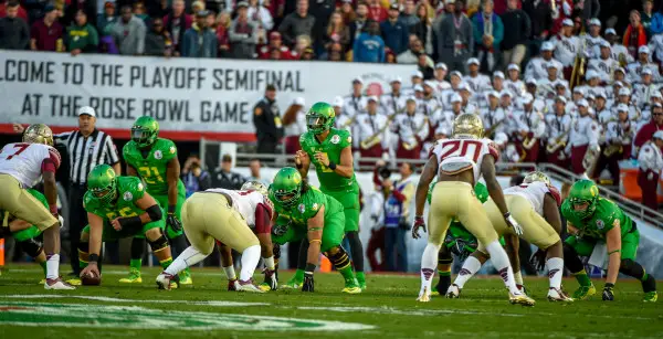 Oregon defeats Florida State 59-20 in the 101st Rose Bowl, and first ever National Playoff Semifinal game January 1, 2015.