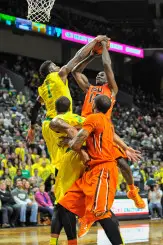 Jordan Bell rejects an Oregon State player adding to his record breaking block total