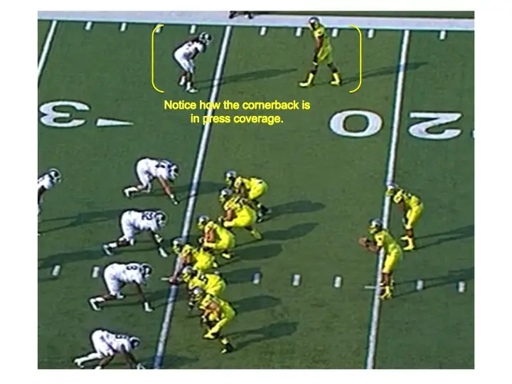 Notice how the cornerback is aligned very tight to Stanford.