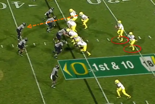 Movement left, and the H-back is looking at a linebacker