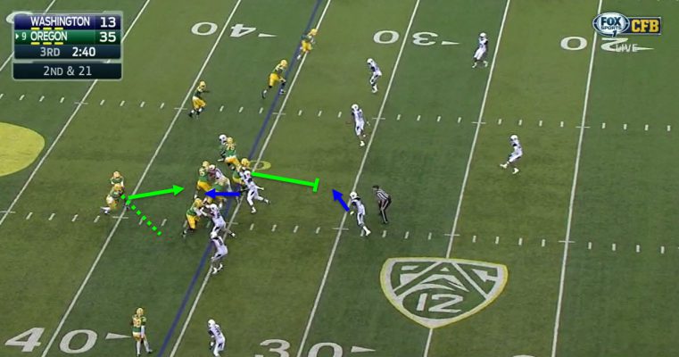 Mariota is forced to hand the ball off to the running back because of the left outside linebacker.
