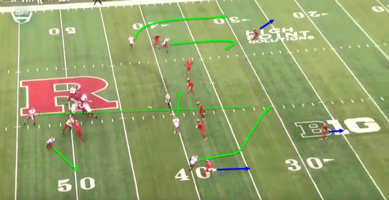 The linebackers are sucked in by the drag route and the safeties are otherwise occupied