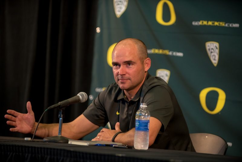 Mark Helfrich answers questions at Media Day