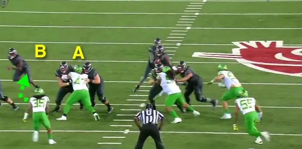 The center-guard combo block is working on the DT for Oregon.