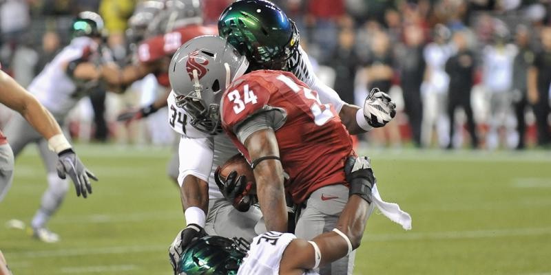 Oregon State's Jordan Poyer, Oregon's Kenjon Barner and Ifo Ekpre