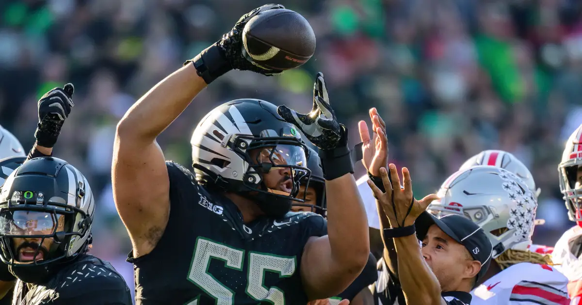 Oregon Football - Derrick Harmon snags the ball from Ohio State in a fumble - FishDuck.com in Eugene, OR