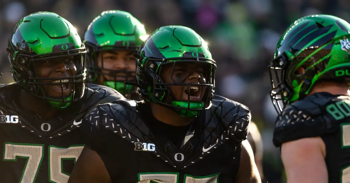 Oregon's offensive line smiling all the way to the bank during a touchdown celebration against USC last weekend in Eugene. Photo by Max Unkrich